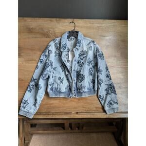 Adore Trucker Jacket Women Medium Light Blue Denim Floral Long Sleeve Snap Front
